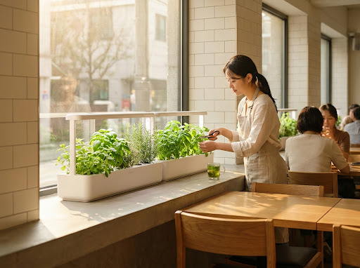 Warm sunlit bakery cafe where a female barista trims fresh green mint and basil herbs from a minimalist modern white hydroponic countertop planter